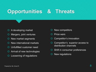 Opportunities & Threats
 A developing market
 Mergers, joint ventures
 New market segments
 New international markets
 Unfulfilled customer need
 Arrival of new technologies
 Loosening of regulations
Prepared by: Ms. Himani R. 8
 New competitors
 Price wars
 Competitor’s innovation
 Competitor’s superior access to
distribution channels
 Shift in consumer preferences
 New regulations
 