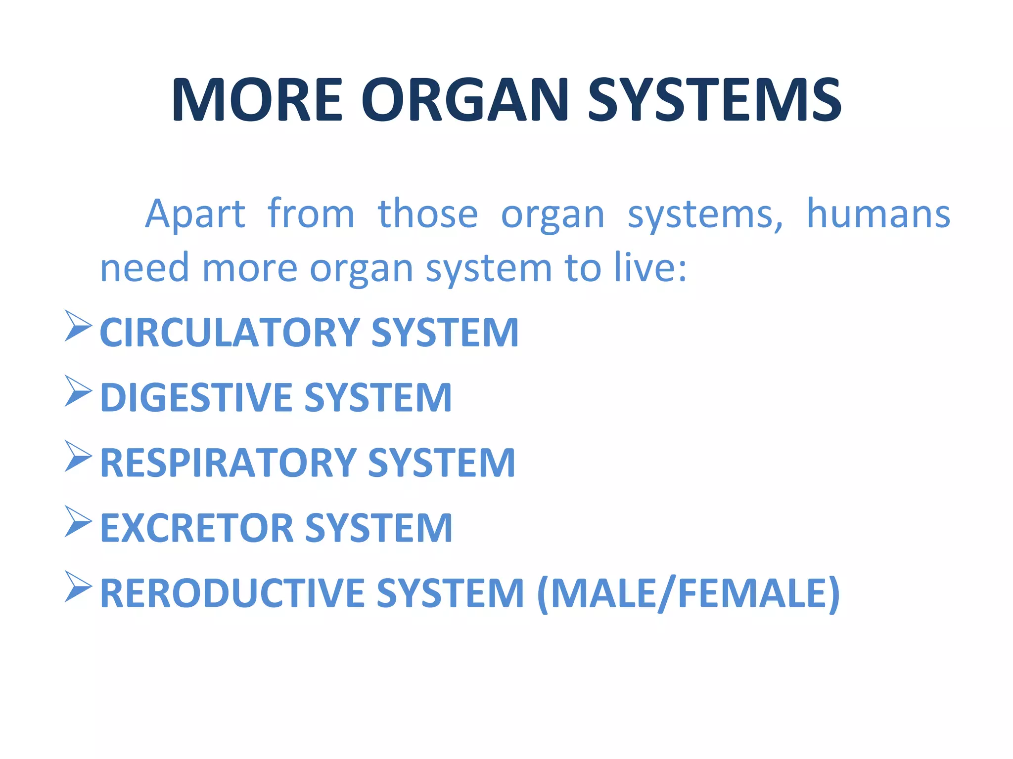 MORE ORGAN SYSTEMS
Apart from those organ systems, humans
need more organ system to live:
CIRCULATORY SYSTEM
DIGESTIVE SYSTEM
RESPIRATORY SYSTEM
EXCRETOR SYSTEM
RERODUCTIVE SYSTEM (MALE/FEMALE)
 