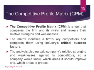 The Competitive Profile Matrix (CPM)
 The Competitive Profile Matrix (CPM) is a tool that
compares the firm and its rivals and reveals their
relative strengths and weaknesses.
 The matrix identifies a firm’s key competitors and
compares them using industry’s critical success
factors.
 The analysis also reveals company’s relative strengths
and weaknesses against its competitors, so a
company would know, which areas it should improve
and, which areas to protect.
Prepared by: Ms. Himani R.
15
 