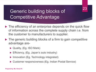 Generic building blocks of
Competitive Advantage
 The efficiency of an enterprise depends on the quick flow
of information across the complete supply chain i.e. from
the customer to manufacturers to supplier.
 The generic building blocks of a firm to gain competitive
advantage are-
 Quality, (Eg. ISO Mark)
 Efficiency, (Eg. Japan’s auto industry)
 Innovation (Eg. Technology integrated)
 Customer responsiveness (Eg. Indian Postal Service)
Prepared by: Ms. Himani R.
23
 