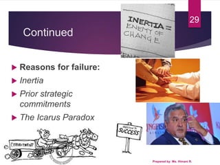 Continued
 Reasons for failure:
 Inertia
 Prior strategic
commitments
 The Icarus Paradox
Prepared by: Ms. Himani R.
29
 