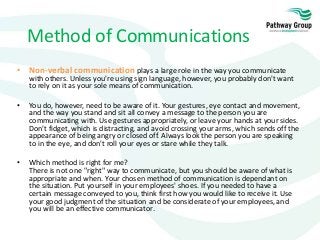 • Non-verbal communication plays a large role in the way you communicate
with others. Unless you're using sign language, however, you probably don't want
to rely on it as your sole means of communication.
• You do, however, need to be aware of it. Your gestures, eye contact and movement,
and the way you stand and sit all convey a message to the person you are
communicating with. Use gestures appropriately, or leave your hands at your sides.
Don't fidget, which is distracting, and avoid crossing your arms, which sends off the
appearance of being angry or closed off. Always look the person you are speaking
to in the eye, and don't roll your eyes or stare while they talk.
• Which method is right for me?
There is not one "right" way to communicate, but you should be aware of what is
appropriate and when. Your chosen method of communication is dependant on
the situation. Put yourself in your employees' shoes. If you needed to have a
certain message conveyed to you, think first how you would like to receive it. Use
your good judgment of the situation and be considerate of your employees, and
you will be an effective communicator.
Method of Communications
 