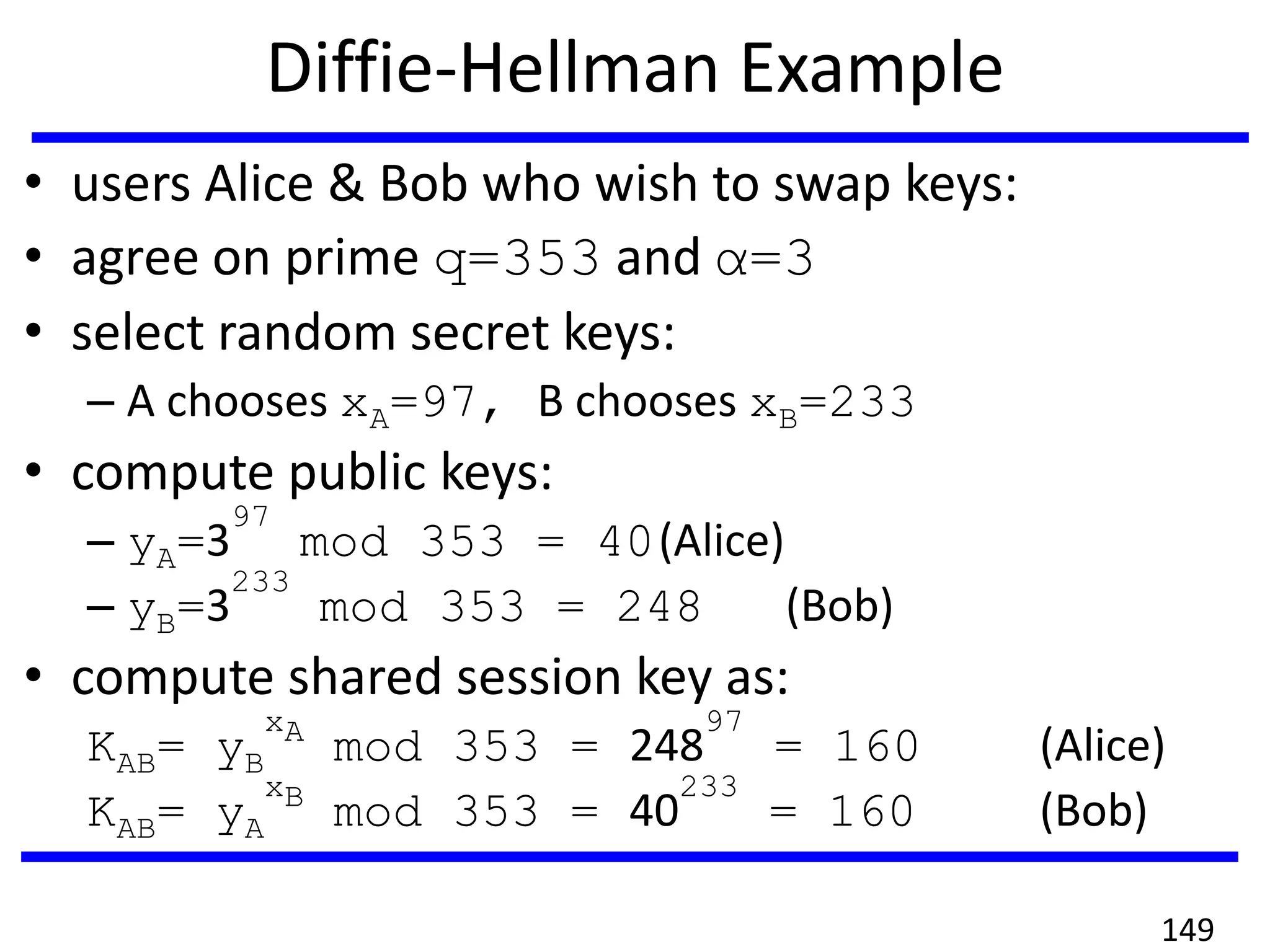 Diffie-Hellman Example
• users Alice & Bob who wish to swap keys:
• agree on prime q=353 and α=3
• select random secret keys:
– A chooses xA=97, B chooses xB=233
• compute public keys:
– yA=3
97
mod 353 = 40(Alice)
– yB=3
233
mod 353 = 248 (Bob)
• compute shared session key as:
KAB= yB
xA
mod 353 = 248
97
= 160 (Alice)
KAB= yA
xB
mod 353 = 40
233
= 160 (Bob)
149
 