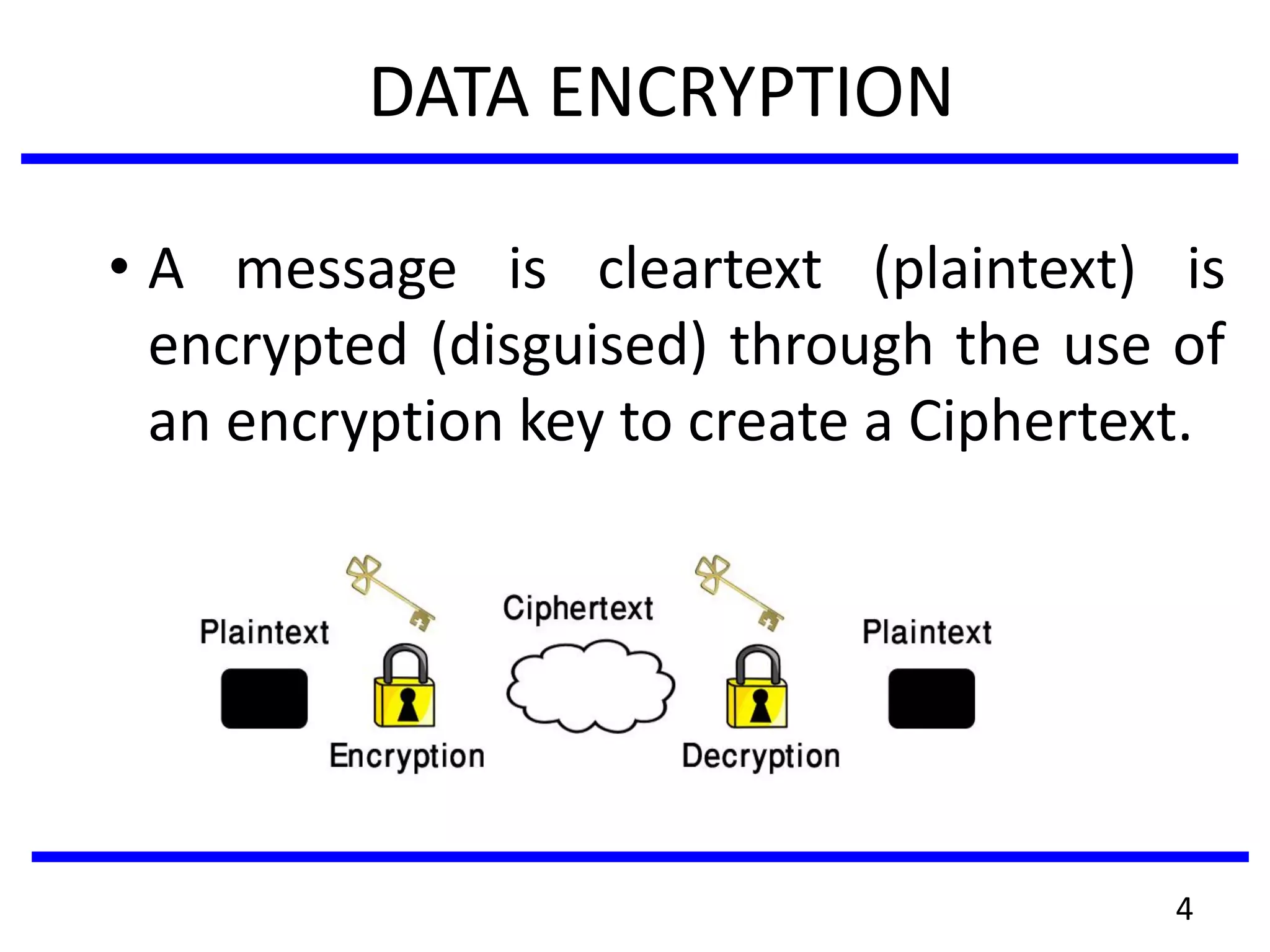 DATA ENCRYPTION
• A message is cleartext (plaintext) is
encrypted (disguised) through the use of
an encryption key to create a Ciphertext.
4
 