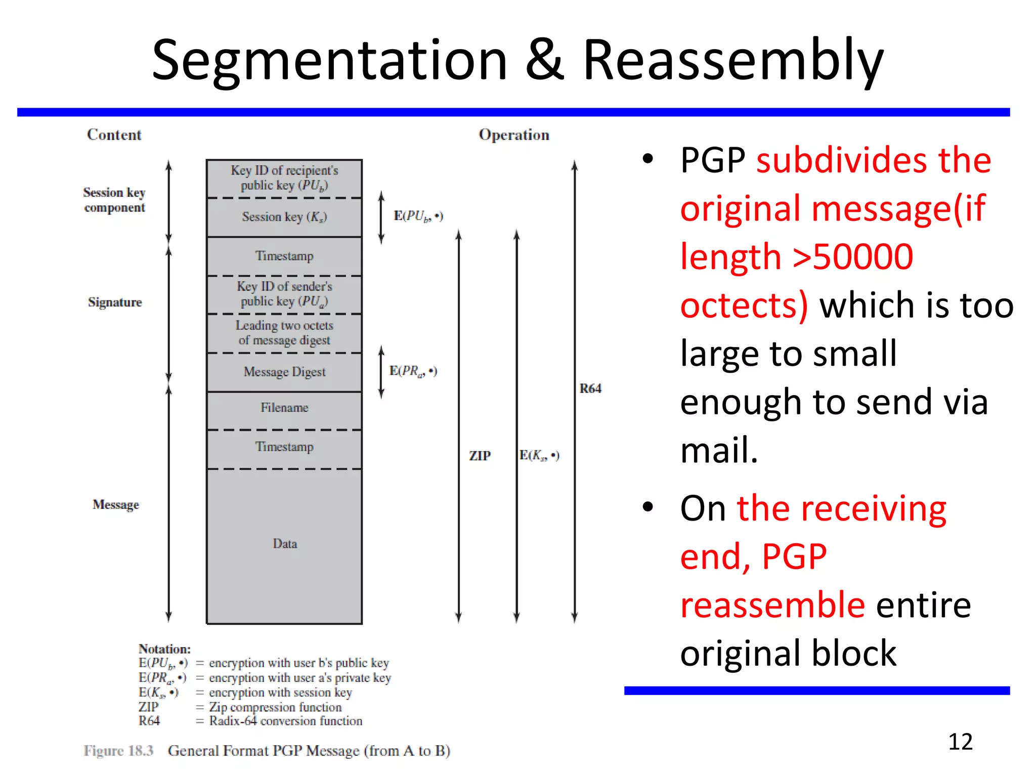 Segmentation & Reassembly
• PGP subdivides the
original message(if
length >50000
octects) which is too
large to small
enough to send via
mail.
• On the receiving
end, PGP
reassemble entire
original block
12
 