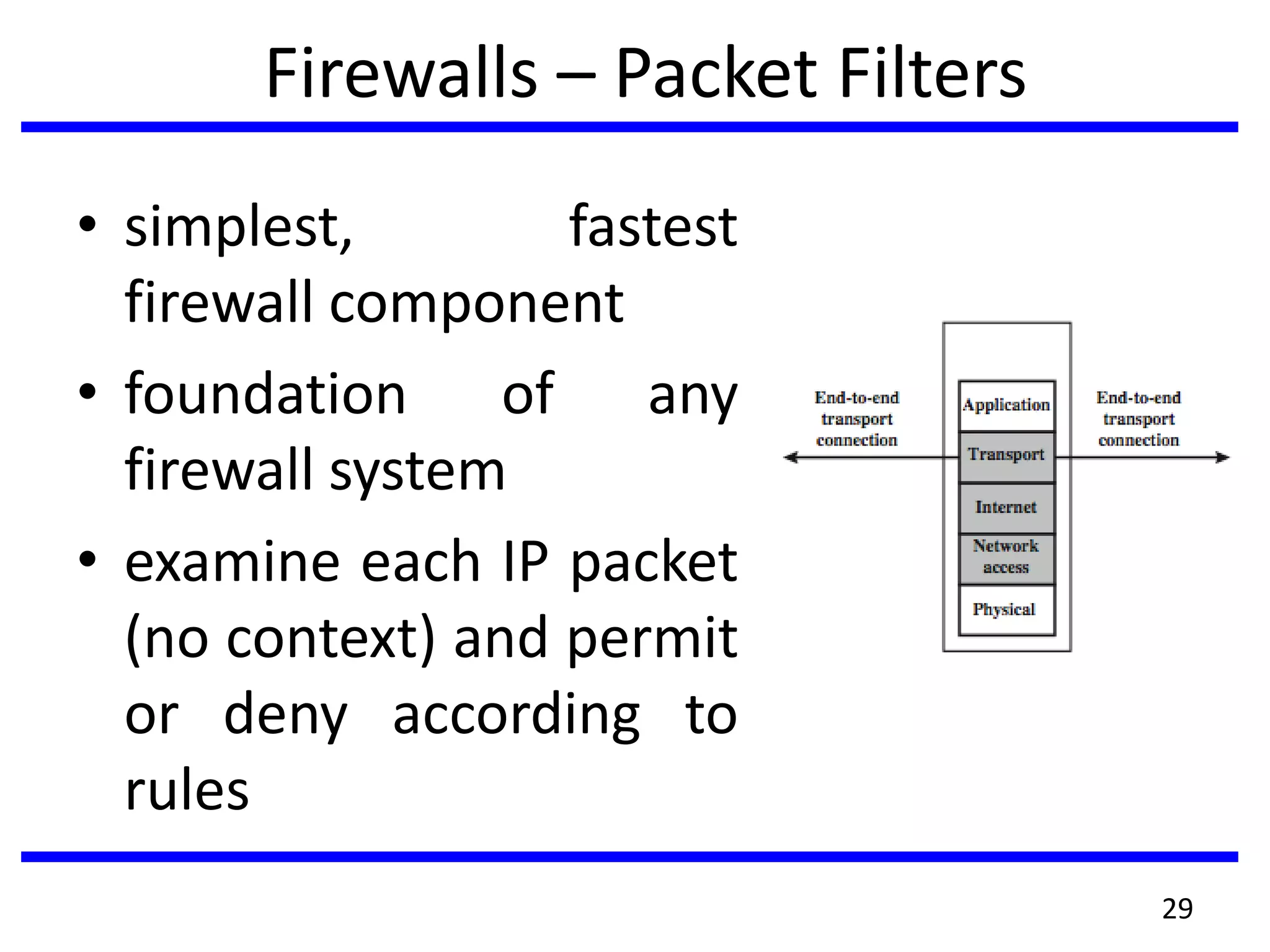 Firewalls – Packet Filters
• simplest, fastest
firewall component
• foundation of any
firewall system
• examine each IP packet
(no context) and permit
or deny according to
rules
29
 