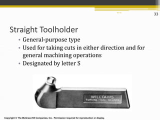 46-33
Straight Toolholder
• General-purpose type
• Used for taking cuts in either direction and for
general machining operations
• Designated by letter S
Copyright © The McGraw-Hill Companies, Inc. Permission required for reproduction or display.
33
 