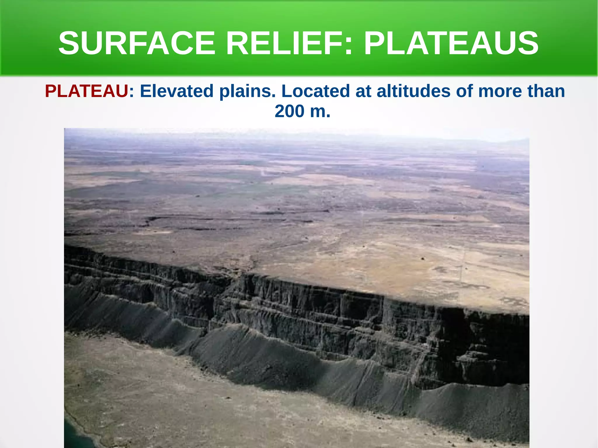 SURFACE RELIEF: PLATEAUS
PLATEAU: Elevated plains. Located at altitudes of more than
200 m.
 