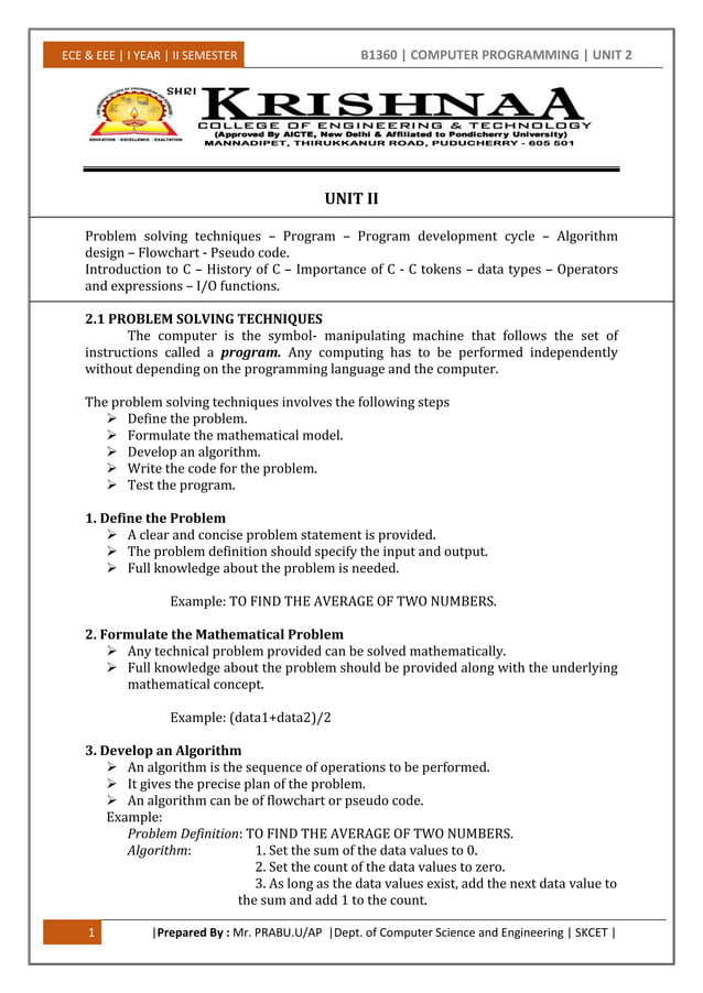 Problem Solving Techniques and Introduction to C | PDF | Programming ...