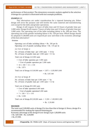 Dept of CSE | IV YEAR | VIII SEM HS T81 | ENGINEERING ECONOMICS AND MANAGEMENT | UNIT 2
12 |Prepared By : Mr. PRABU.U/AP |Dept. of Computer Science and Engineering | SKCET |
performance of that product. The elementary economic analysis applied to the selection
of design for a product is illustrated with two example problems.
EXAMPLE 2.3
Two alternatives are under consideration for a tapered fastening pin. Either
design will serve the purpose and will involve the same material and manufacturing
cost except for the lathe and grinder operations.
Design A will require 16 hours of lathe time and 4.5 hours of grinder time per
1,000 units. Design B will require 7 hours of lathe time and 12 hours of grinder time per
1,000 units. The operating cost of the lathe including labour is Rs. 200 per hour. The
operating cost of the grinder including labour is Rs. 150 per hour. Which design should
be adopted if 1,00,000 units are required per year and what is the economic advantage
of the best alternative?
DECISION
The total cost/1,00,000 units of design B is less than that of design A. Hence, design B is
recommended for making the tapered fastening pin.
Economic advantage of the design B over design A per 1,00,000 units
= Rs. 3,87,500 – Rs. 3,20,000
= Rs. 67,500.
 
