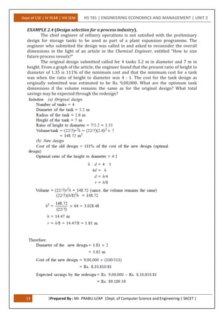 Dept of CSE | IV YEAR | VIII SEM HS T81 | ENGINEERING ECONOMICS AND MANAGEMENT | UNIT 2
13 |Prepared By : Mr. PRABU.U/AP |Dept. of Computer Science and Engineering | SKCET |
EXAMPLE 2.4 (Design selection for a process industry).
The chief engineer of refinery operations is not satisfied with the preliminary
design for storage tanks to be used as part of a plant expansion programme. The
engineer who submitted the design was called in and asked to reconsider the overall
dimensions in the light of an article in the Chemical Engineer, entitled “How to size
future process vessels?”
The original design submitted called for 4 tanks 5.2 m in diameter and 7 m in
height. From a graph of the article, the engineer found that the present ratio of height to
diameter of 1.35 is 111% of the minimum cost and that the minimum cost for a tank
was when the ratio of height to diameter was 4 : 1. The cost for the tank design as
originally submitted was estimated to be Rs. 9,00,000. What are the optimum tank
dimensions if the volume remains the same as for the original design? What total
savings may be expected through the redesign?
 