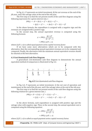 Dept of CSE | IV YEAR | VIII SEM HS T81 | ENGINEERING ECONOMICS AND MANAGEMENT | UNIT 2
45 |Prepared By : Mr. PRABU.U/AP |Dept. of Computer Science and Engineering | SKCET |
In Fig. 6.1, P represents an initial investment, Rj the net revenue at the end of the
jth year, and S the salvage value at the end of the nth year.
The first step is to find the net present worth of the cash flow diagram using the
following expression for a given interest rate, i:
In the above formula, the expenditure is assigned with a negative sign and the
revenues are assigned with a positive sign.
In the second step, the annual equivalent revenue is computed using the
following formula:
where (A/P, i, n) is called equal payment series capital recovery factor.
If we have some more alternatives which are to be compared with this
alternative, then the corresponding annual equivalent revenues are to be computed and
compared. Finally, the alternative with the maximum annual equivalent revenue should
be selected as the best alternative.
6.3 Cost-Dominated Cash Flow Diagram
A generalized cost-dominated cash flow diagram to demonstrate the annual
equivalent method of comparison is illustrated in Fig. 6.2.
Fig. 6.2 Cost-dominated cash flow diagram.
In Fig. 6.2, P represents an initial investment, Cj the net cost of operation and
maintenance at the end of the jth year, and S the salvage value at the end of the nth year.
The first step is to find the net present worth of the cash flow diagram using the
following relation for a given interest rate, i.
In the above formula, each expenditure is assigned with positive sign and the
salvage value with negative sign. Then, in the second step, the annual equivalent cost is
computed using the following equation:
where (A/P, i, n) is called as equal-payment series capital recovery factor.
 