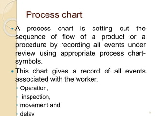 Process chart
 A process chart is setting out the
sequence of flow of a product or a
procedure by recording all events under
review using appropriate process chart-
symbols.
 This chart gives a record of all events
associated with the worker.
◦ Operation,
◦ inspection,
◦ movement and
◦ delay 14
 