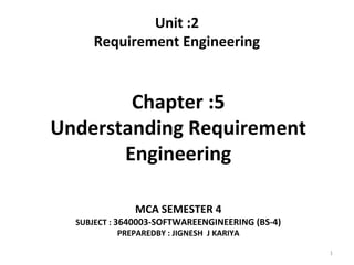 Unit :2
Requirement Engineering
Chapter :5
Understanding Requirement
Engineering
MCA SEMESTER 4
SUBJECT : 3640003-SOFTWAREENGINEERING (BS-4)
PREPAREDBY : JIGNESH J KARIYA
1
 