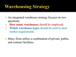  An integrated warehouse strategy focuses on two
questions:
1. How many warehouses should be employed.
2. Which warehouse...