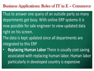 Business Applications: Roles of IT in E – Commerce
 