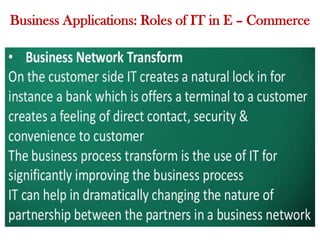 Business Applications: Roles of IT in E – Commerce
 
