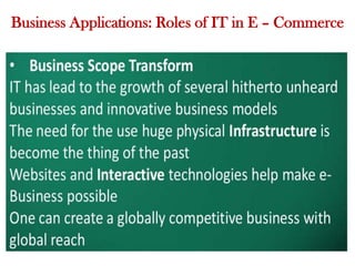 Business Applications: Roles of IT in E – Commerce
 