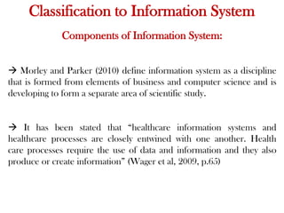 Classification to Information System
Components of Information System:
 Morley and Parker (2010) define information system as a discipline
that is formed from elements of business and computer science and is
developing to form a separate area of scientific study.
 It has been stated that ―healthcare information systems and
healthcare processes are closely entwined with one another. Health
care processes require the use of data and information and they also
produce or create information‖ (Wager et al, 2009, p.65)
 