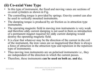 (ii) Co-axial Vane Type
• In this type of instrument, the fixed and moving vanes are sections of
co axial cylinders as shown in Fig.
• The controlling torque is provided by springs. Gravity control can also
he used in vertically mounted instruments.
• The damping torque is produced by air friction as in attraction type
instruments.
• The operating magnetic field in moving iron instruments is very weak
and therefore eddy current damping is not used in them as introduction
of a permanent magnet required for eddy current damping would
destroy the operating magnetic field.
• It is clear that whatever may be the direction of the current in the coil
of the instrument, the iron vanes are so magnetized that there is always
a force of attraction in the attraction type and repulsion in the repulsion
type of instruments.
• Thus moving iron instruments are un polarised instruments i.e., they
are independent of the direction in which the current passes.
• Therefore, these instruments can be used on both ac. and d.c.
20/11/2018
KONGUNADU COLLEGE OF ENGINEERING
AND TECHNOLOGY
 