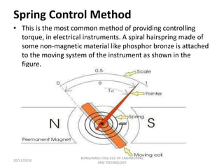 Spring Control Method
• This is the most common method of providing controlling
torque, in electrical instruments. A spiral hairspring made of
some non-magnetic material like phosphor bronze is attached
to the moving system of the instrument as shown in the
figure.
20/11/2018
KONGUNADU COLLEGE OF ENGINEERING
AND TECHNOLOGY
 
