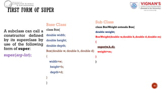 A subclass can call a
constructor defined
by its superclass by
use of the following
form of super:
super(arg-list);
Base Class
class Box{
double width;
double height;
double depth;
Box(double w, double h, double d)
{
width=w;
height=h;
depth=d;
}
}
Sub Class
class BoxWeight extends Box{
double weight;
BoxWeight(double w,double h,double d,double m)
{
super(w,h,d);
weight=m;
}
}
11
 