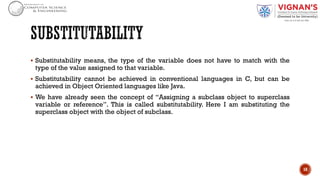 § Substitutability means, the type of the variable does not have to match with the
type of the value assigned to that variable.
§ Substitutability cannot be achieved in conventional languages in C, but can be
achieved in Object Oriented languages like Java.
§ We have already seen the concept of “Assigning a subclass object to superclass
variable or reference”. This is called substitutability. Here I am substituting the
superclass object with the object of subclass.
18
 