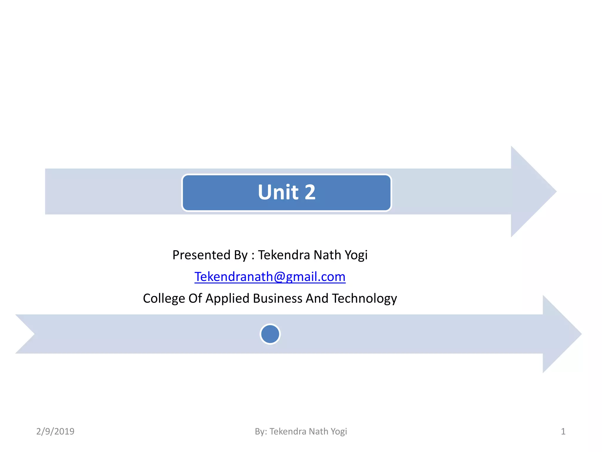 Unit 2
Presented By : Tekendra Nath Yogi
Tekendranath@gmail.com
College Of Applied Business And Technology
2/9/2019 1By: Tekendra Nath Yogi
 