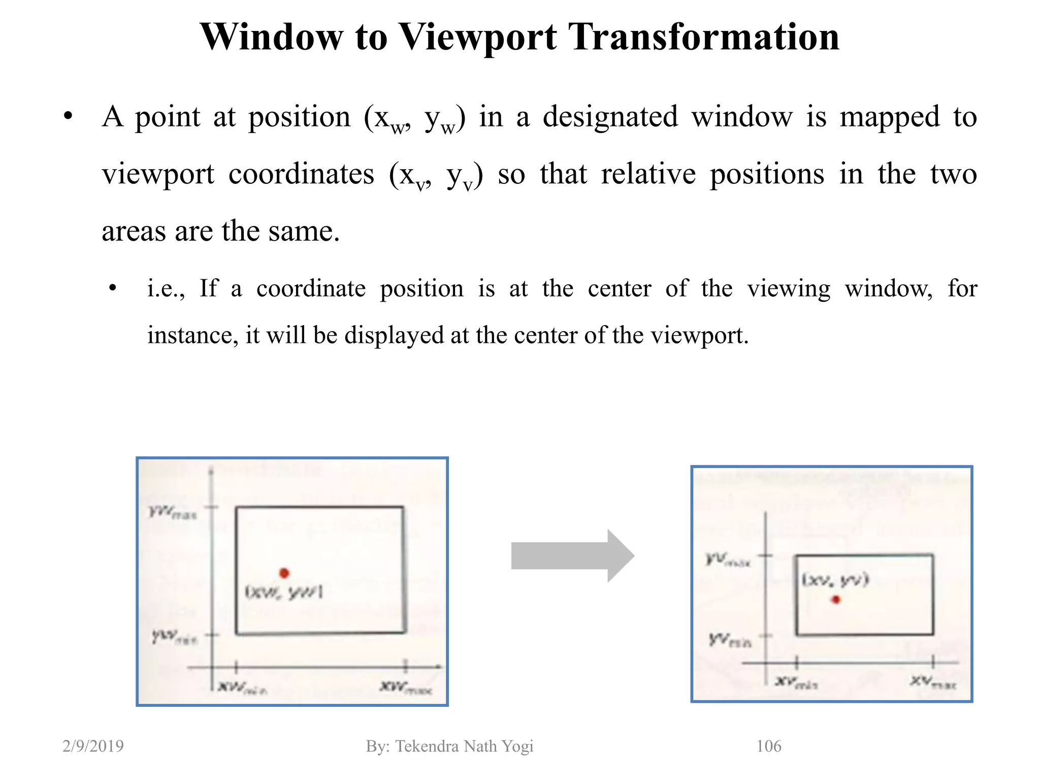 Window to Viewport Transformation
• A point at position (xw, yw) in a designated window is mapped to
viewport coordinates (xv, yv) so that relative positions in the two
areas are the same.
• i.e., If a coordinate position is at the center of the viewing window, for
instance, it will be displayed at the center of the viewport.
106By: Tekendra Nath Yogi2/9/2019
 