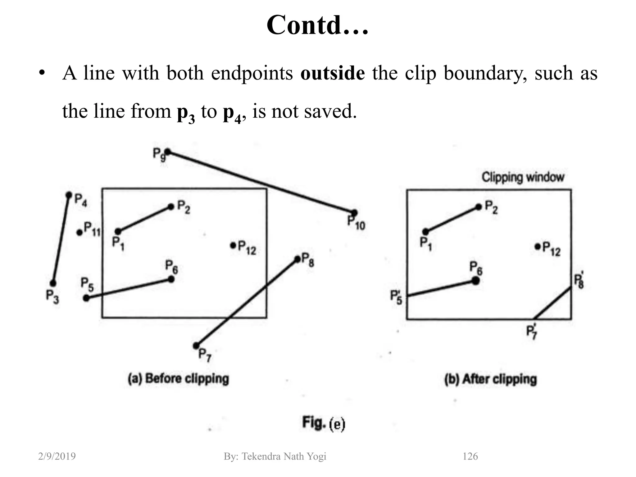 Contd…
• A line with both endpoints outside the clip boundary, such as
the line from p3 to p4, is not saved.
126By: Tekendra Nath Yogi2/9/2019
 
