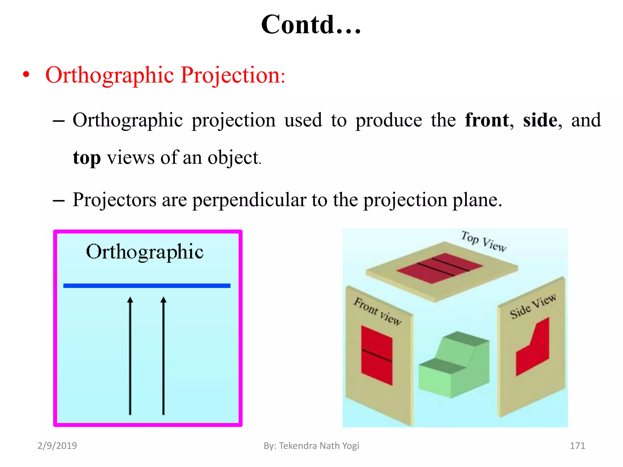 Contd…
• Orthographic Projection:
– Orthographic projection used to produce the front, side, and
top views of an object.
– Projectors are perpendicular to the projection plane.
2/9/2019 171By: Tekendra Nath Yogi
 