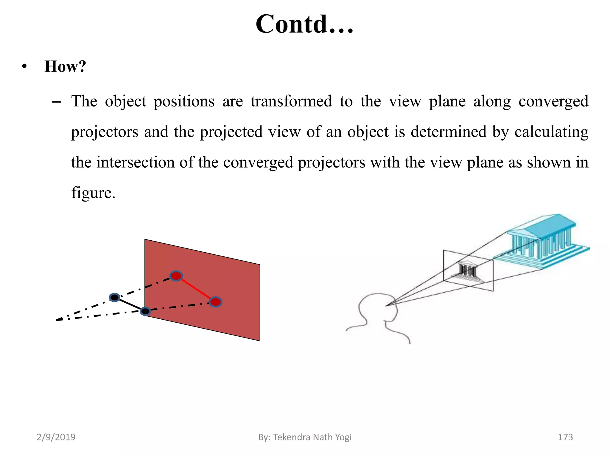 Contd…
• How?
– The object positions are transformed to the view plane along converged
projectors and the projected view of an object is determined by calculating
the intersection of the converged projectors with the view plane as shown in
figure.
2/9/2019 173By: Tekendra Nath Yogi
 