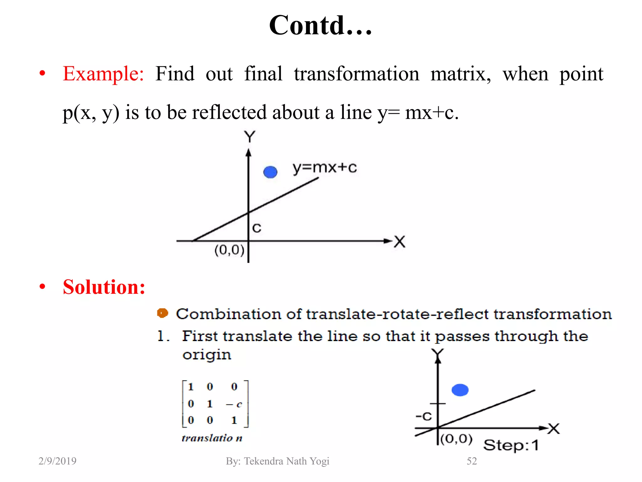 Contd…
• Example: Find out final transformation matrix, when point
p(x, y) is to be reflected about a line y= mx+c.
• Solution:
52By: Tekendra Nath Yogi2/9/2019
 