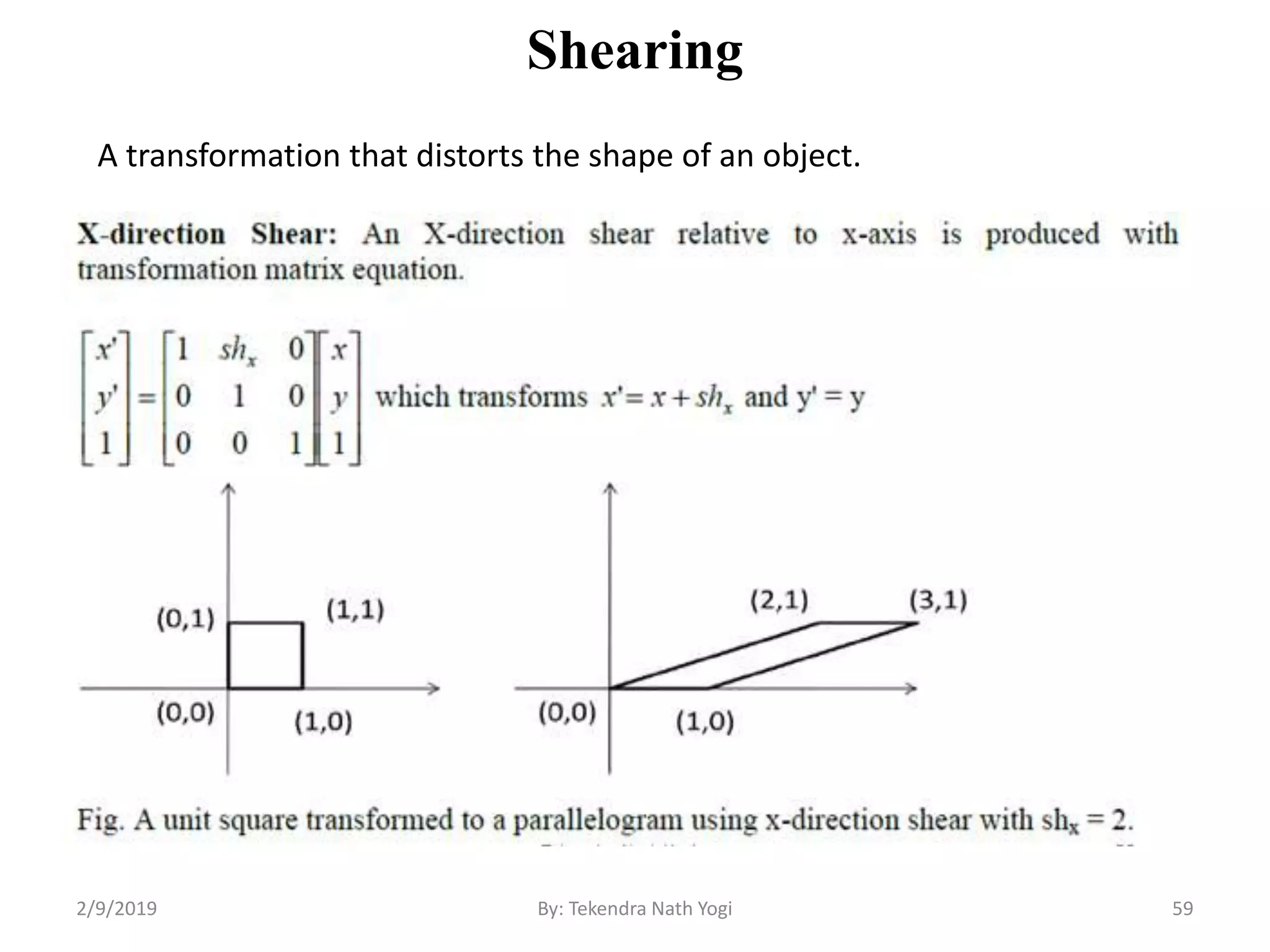 Shearing
59By: Tekendra Nath Yogi
A transformation that distorts the shape of an object.
2/9/2019
 
