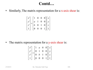 Contd…
• Similarly, The matrix representation for a x-axis shear is:
• The matrix representation for a y-axis shear is:
100By: Tekendra Nath Yogi2/9/2019





































1
.
1000
010
001
0001
1
'
'
'
z
y
x
b
a
z
y
x





































1
.
1000
010
0010
001
1
'
'
'
z
y
x
b
a
z
y
x
 