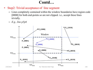 Contd…
• Step2: Trivial acceptance of line segment
– Lines completely contained within the window boundaries have region code
[0000] for both end-points so are not clipped. i.e., accept these lines
trivially.
– E.g., line p5p6
wymax
wymin
wxmin wxmax
Window
P3 [0001]
P6 [0000]
P5 [0000]
P7 [0001]
P10 [0100]
P9 [0000]
P4 [1000]
P8 [0010]
P12 [0010]
P11 [1010]
P13 [0101] P14 [0110]
130By: Tekendra Nath Yogi2/9/2019
 