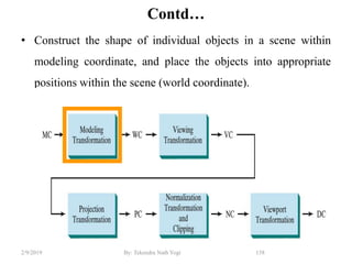 Contd…
• Construct the shape of individual objects in a scene within
modeling coordinate, and place the objects into appropriate
positions within the scene (world coordinate).
158By: Tekendra Nath Yogi2/9/2019
 
