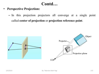 Contd…
• Perspective Projection:
– In this projection projectors all converge at a single point
called center of projection or projection reference point.
2/9/2019 172By: Tekendra Nath Yogi
 
