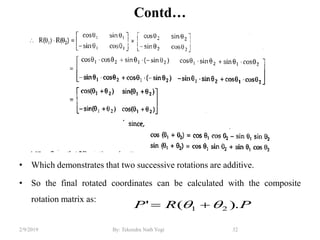 Contd…
• Which demonstrates that two successive rotations are additive.
• So the final rotated coordinates can be calculated with the composite
rotation matrix as:
32By: Tekendra Nath Yogi2/9/2019
PRP ).(' 21  
 