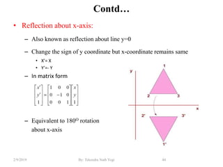 Contd…
• Reflection about x-axis:
– Also known as reflection about line y=0
– Change the sign of y coordinate but x-coordinate remains same
• X’= X
• Y’=- Y
– In matrix form
– Equivalent to 180O rotation
about x-axis
44By: Tekendra Nath Yogi2/9/2019
 