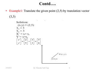 Contd….
• Example1: Translate the given point (2,5) by translation vector
(3,3)
6By: Tekendra Nath Yogi2/9/2019
 