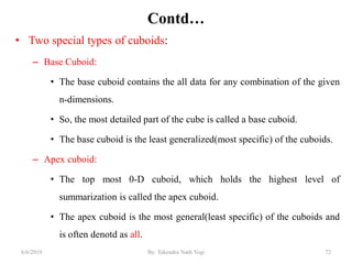 Contd…
• Two special types of cuboids:
– Base Cuboid:
• The base cuboid contains the all data for any combination of the given
n-dimensions.
• So, the most detailed part of the cube is called a base cuboid.
• The base cuboid is the least generalized(most specific) of the cuboids.
– Apex cuboid:
• The top most 0-D cuboid, which holds the highest level of
summarization is called the apex cuboid.
• The apex cuboid is the most general(least specific) of the cuboids and
is often denotd as all.
726/6/2019 By: Tekendra Nath Yogi
 