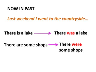 NOW IN PAST
Last weekend I went to the countryside…
There is a lake There was a lake
There are some shops There were
some shops
 