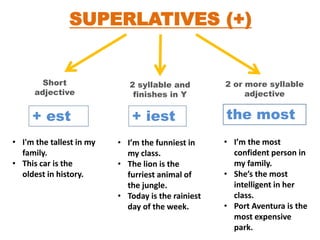 SUPERLATIVES (+)
Short
adjective
2 syllable and
finishes in Y
2 or more syllable
adjective
+ est + iest the most
• I'm the tallest in my
family.
• This car is the
oldest in history.
• I’m the funniest in
my class.
• The lion is the
furriest animal of
the jungle.
• Today is the rainiest
day of the week.
• I’m the most
confident person in
my family.
• She’s the most
intelligent in her
class.
• Port Aventura is the
most expensive
park.
 