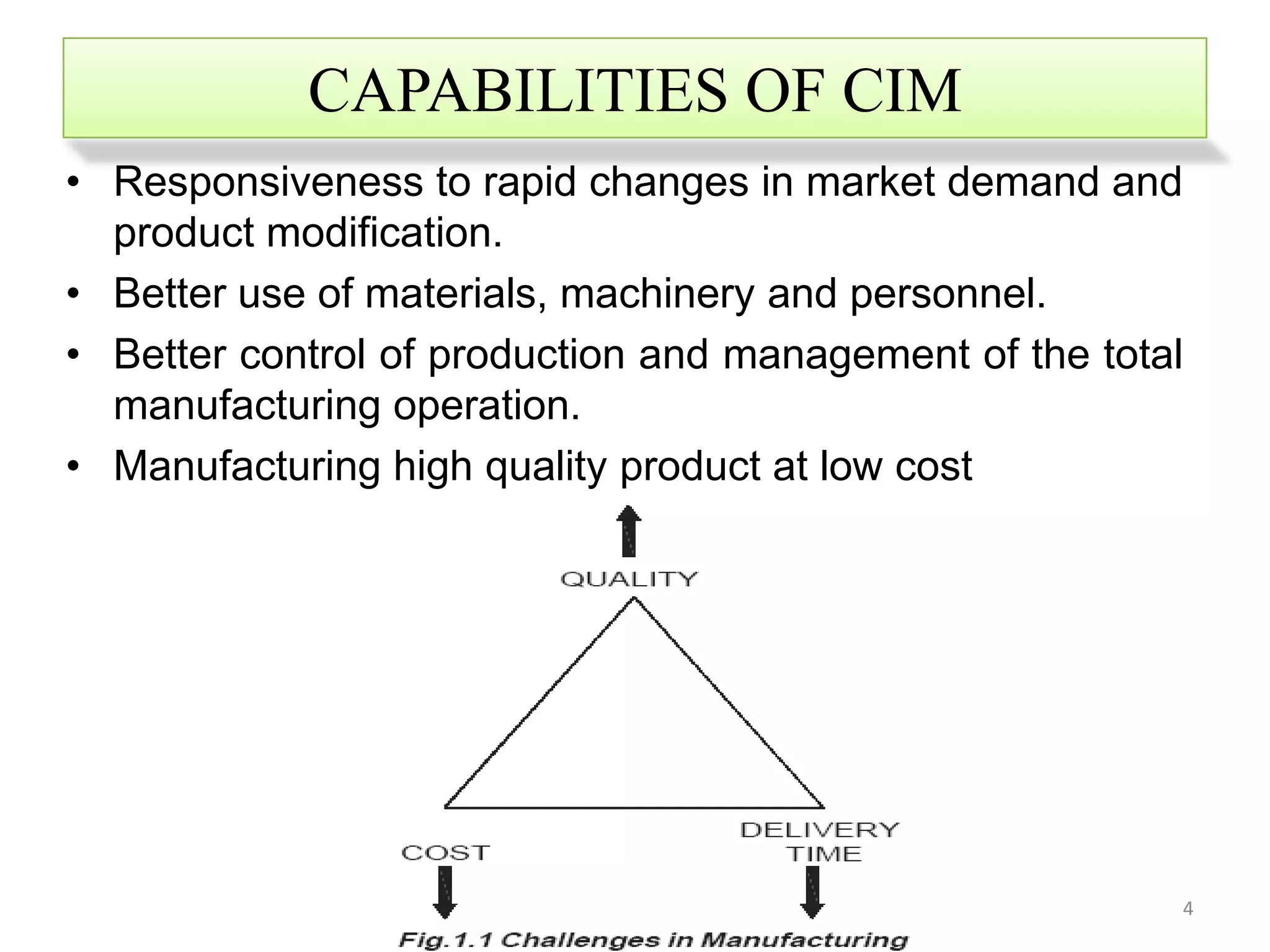 CAPABILITIES OF CIM
• Responsiveness to rapid changes in market demand and
  product modification.
• Better use of materials, machinery and personnel.
• Better control of production and management of the total
  manufacturing operation.
• Manufacturing high quality product at low cost




                                                         4
 