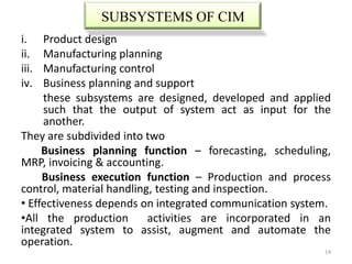 SUBSYSTEMS OF CIM
i.   Product design
ii.  Manufacturing planning
iii. Manufacturing control
iv.  Business planning and support
     these subsystems are designed, developed and applied
     such that the output of system act as input for the
     another.
They are subdivided into two
     Business planning function – forecasting, scheduling,
MRP, invoicing & accounting.
     Business execution function – Production and process
control, material handling, testing and inspection.
• Effectiveness depends on integrated communication system.
•All the production       activities are incorporated in an
integrated system to assist, augment and automate the
operation.
                                                         14
 