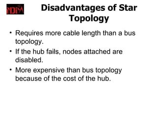 Disadvantages of Star
               Topology
• Requires more cable length than a bus
  topology.
• If the hub fails, nodes attached are
  disabled.
• More expensive than bus topology
  because of the cost of the hub.
 