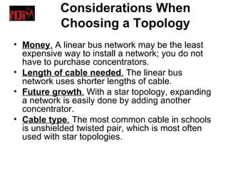 Considerations When
           Choosing a Topology
• Money. A linear bus network may be the least
  expensive way to install a network; you do not
  have to purchase concentrators.
• Length of cable needed. The linear bus
  network uses shorter lengths of cable.
• Future growth. With a star topology, expanding
  a network is easily done by adding another
  concentrator.
• Cable type. The most common cable in schools
  is unshielded twisted pair, which is most often
  used with star topologies.
 