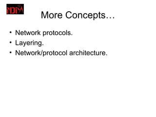 More Concepts…
• Network protocols.
• Layering.
• Network/protocol architecture.
 