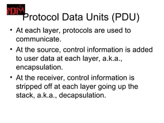 Protocol Data Units (PDU)
• At each layer, protocols are used to
  communicate.
• At the source, control information is added
  to user data at each layer, a.k.a.,
  encapsulation.
• At the receiver, control information is
  stripped off at each layer going up the
  stack, a.k.a., decapsulation.
 